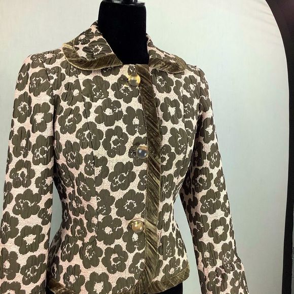 Etcetera Blazer Jacket Sz 4 Beige Green Floral Wool Silk Glass Buttons - Picture 2 of 12